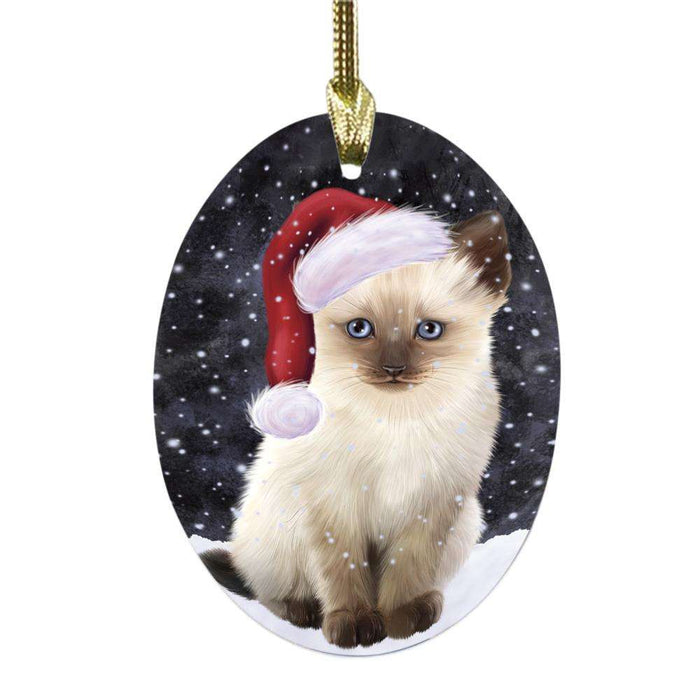 Let it Snow Christmas Holiday Siamese Cat Oval Glass Christmas Ornament OGOR48964