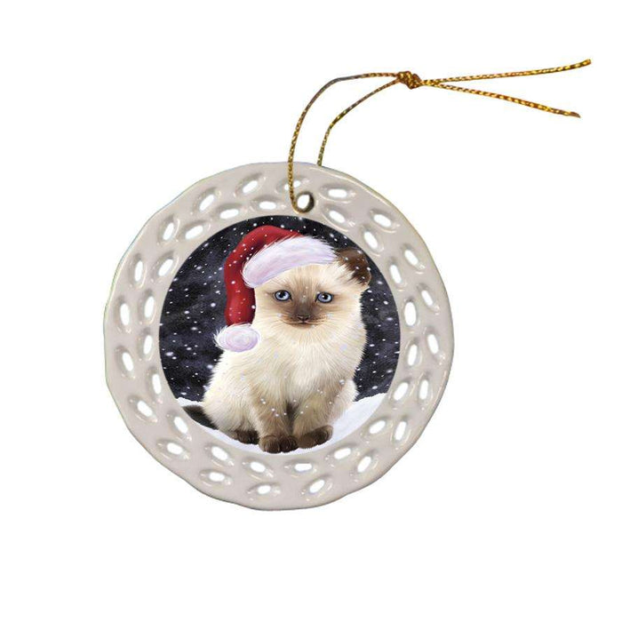 Let it Snow Christmas Holiday Siamese Cat Wearing Santa Hat Ceramic Doily Ornament DPOR54323