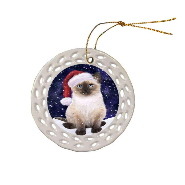 Let it Snow Christmas Holiday Siamese Cat Wearing Santa Hat Ceramic Doily Ornament DPOR54324