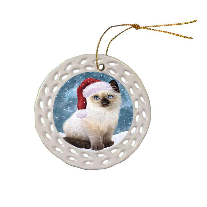 Let it Snow Christmas Holiday Siamese Cat Wearing Santa Hat Ceramic Doily Ornament DPOR54325