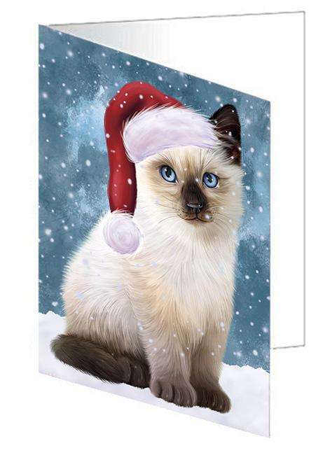 Let it Snow Christmas Holiday Siamese Cat Wearing Santa Hat Handmade Artwork Assorted Pets Greeting Cards and Note Cards with Envelopes for All Occasions and Holiday Seasons GCD67004