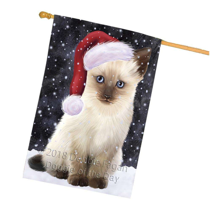 Let it Snow Christmas Holiday Siamese Cat Wearing Santa Hat House Flag FLG54521