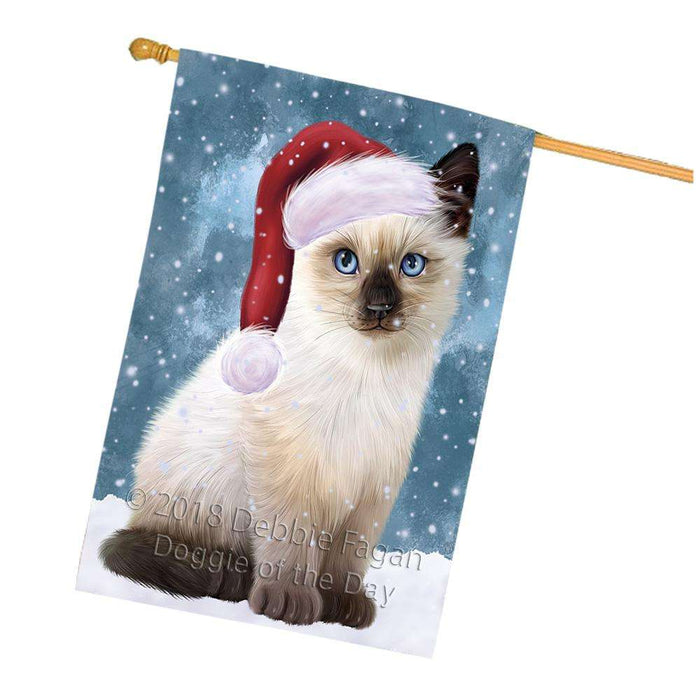 Let it Snow Christmas Holiday Siamese Cat Wearing Santa Hat House Flag FLG54523