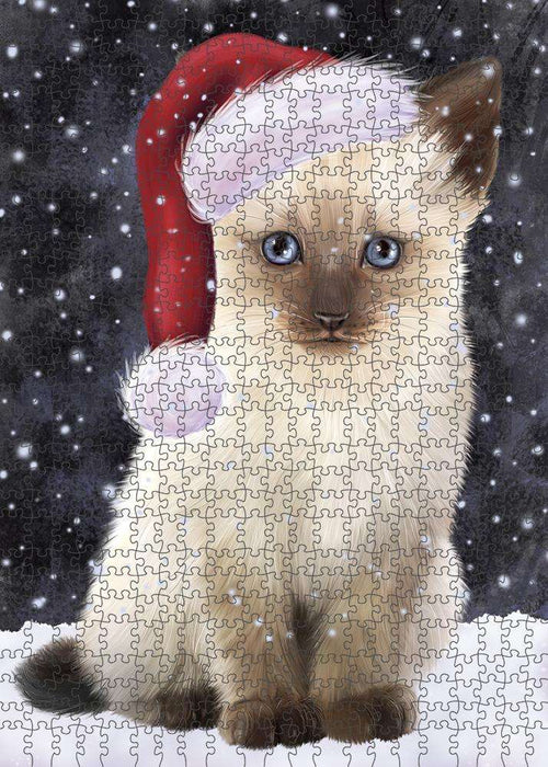 Let it Snow Christmas Holiday Siamese Cat Wearing Santa Hat Puzzle with Photo Tin PUZL84448