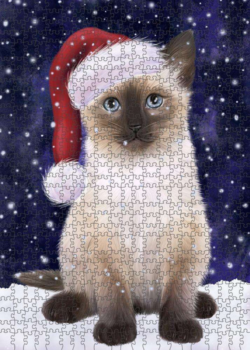 Let it Snow Christmas Holiday Siamese Cat Wearing Santa Hat Puzzle with Photo Tin PUZL84452