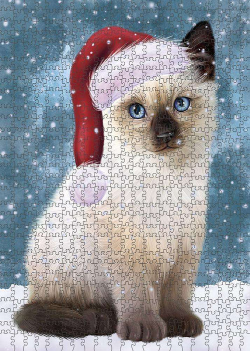 Let it Snow Christmas Holiday Siamese Cat Wearing Santa Hat Puzzle with Photo Tin PUZL84456