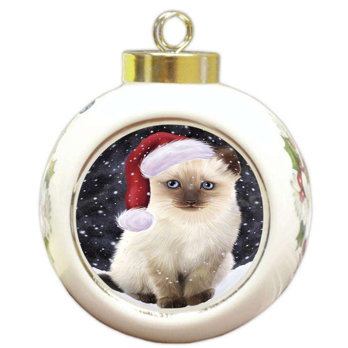 Let it Snow Christmas Holiday Siamese Cat Wearing Santa Hat Round Ball Christmas Ornament RBPOR54323