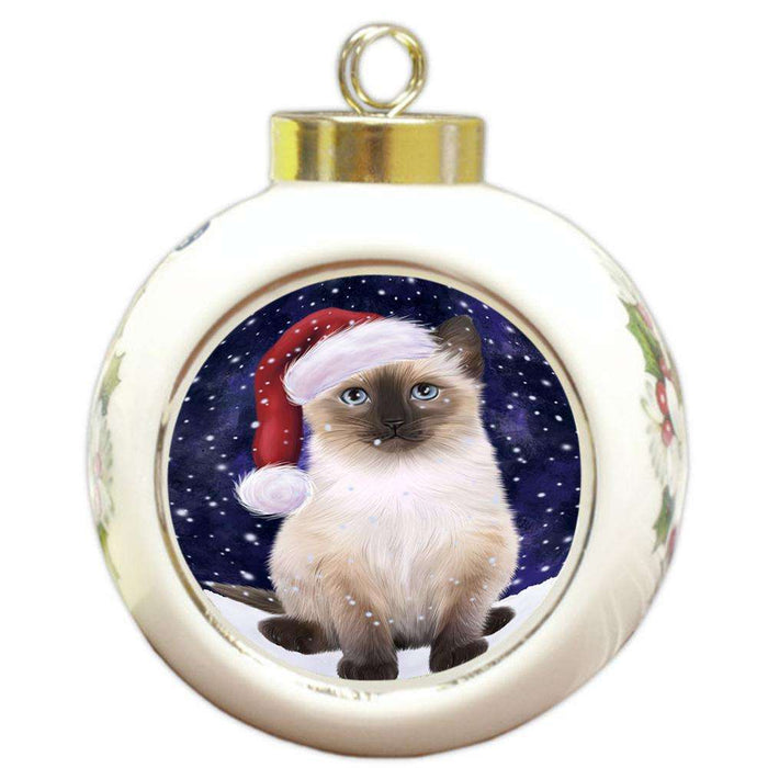 Let it Snow Christmas Holiday Siamese Cat Wearing Santa Hat Round Ball Christmas Ornament RBPOR54324