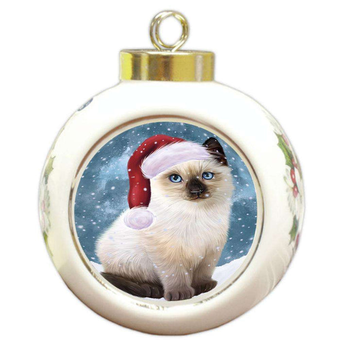 Let it Snow Christmas Holiday Siamese Cat Wearing Santa Hat Round Ball Christmas Ornament RBPOR54325