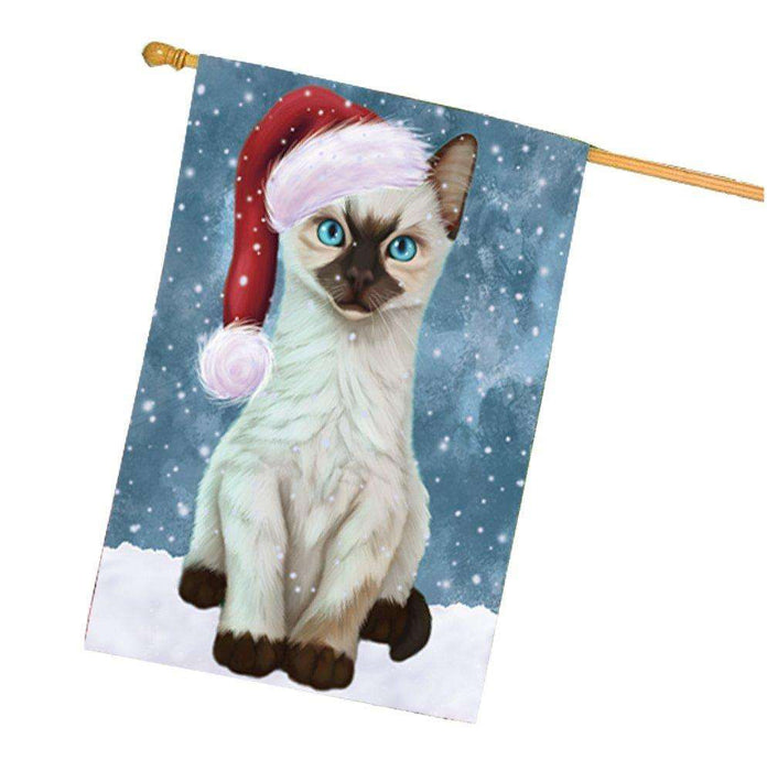Let it Snow Christmas Holiday Siamese Kitten Cat Wearing Santa Hat House Flag