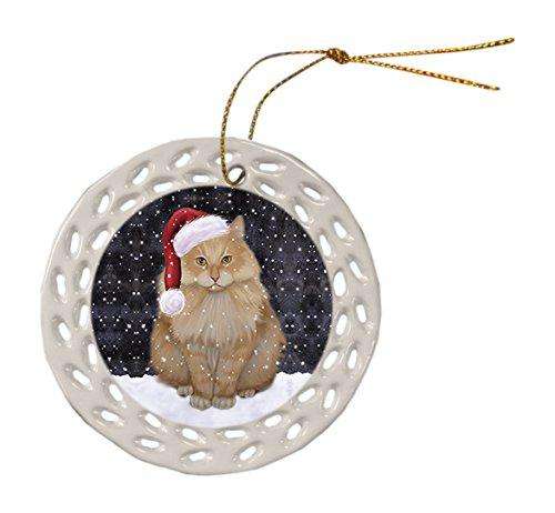 Let it Snow Christmas Holiday Siberian Cat Wearing Santa Hat Ceramic Doily Ornament D032
