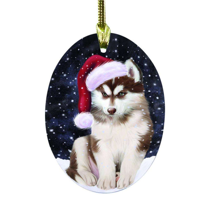 Let it Snow Christmas Holiday Siberian Husky Dog Oval Glass Christmas Ornament OGOR48727