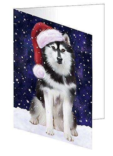 Let it Snow Christmas Holiday Siberian Husky Dog Wearing Santa Hat Handmade Artwork Assorted Pets Greeting Cards and Note Cards with Envelopes for All Occasions and Holiday Seasons D349
