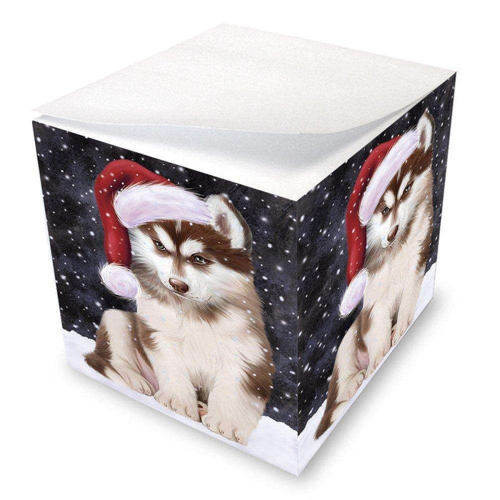 Let it Snow Christmas Holiday Siberian Husky Dog Wearing Santa Hat Note Cube D365
