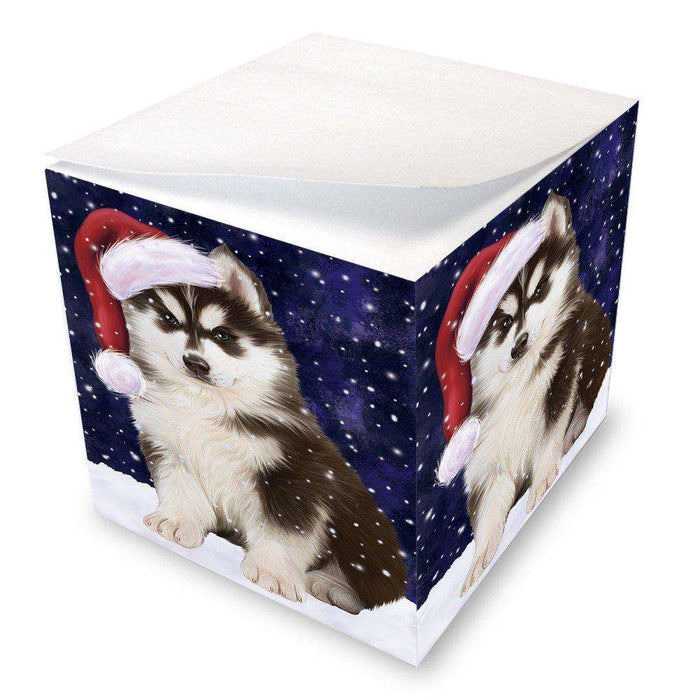 Let it Snow Christmas Holiday Siberian Husky Dog Wearing Santa Hat Note Cube D366