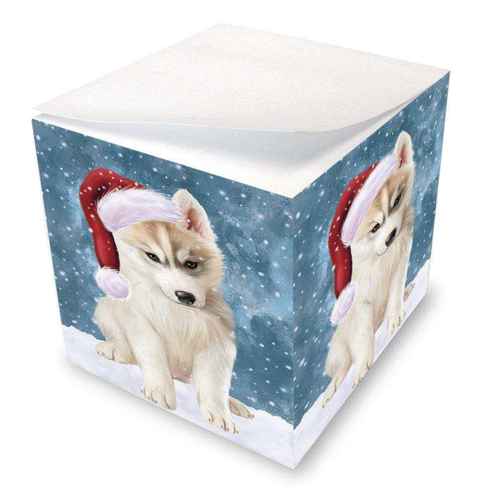 Let it Snow Christmas Holiday Siberian Husky Dog Wearing Santa Hat Note Cube D367