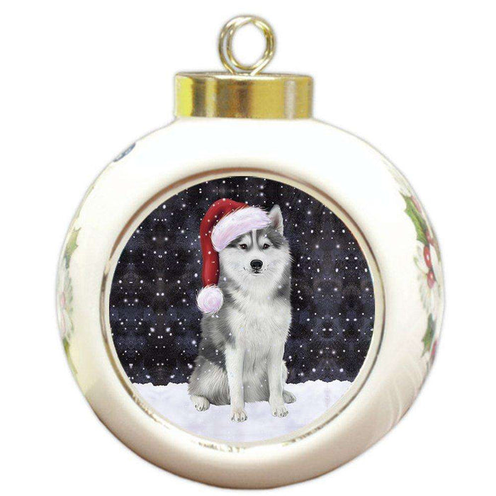 Let it Snow Christmas Holiday Siberian Husky Dog Wearing Santa Hat Round Ball Ornament D242