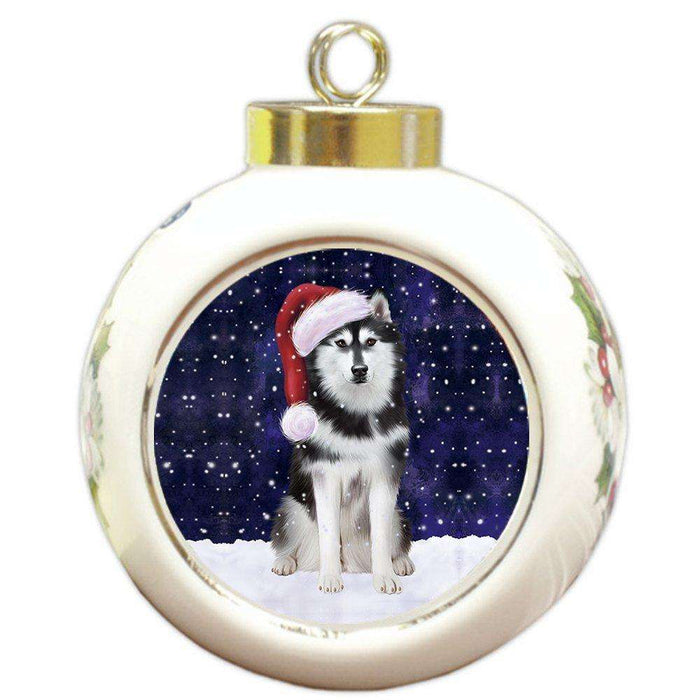 Let it Snow Christmas Holiday Siberian Husky Dog Wearing Santa Hat Round Ball Ornament D243
