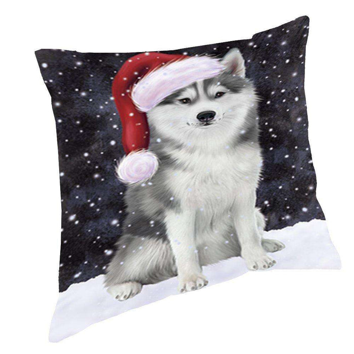 Let it Snow Christmas Holiday Siberian Husky Dog Wearing Santa Hat Throw Pillow D400