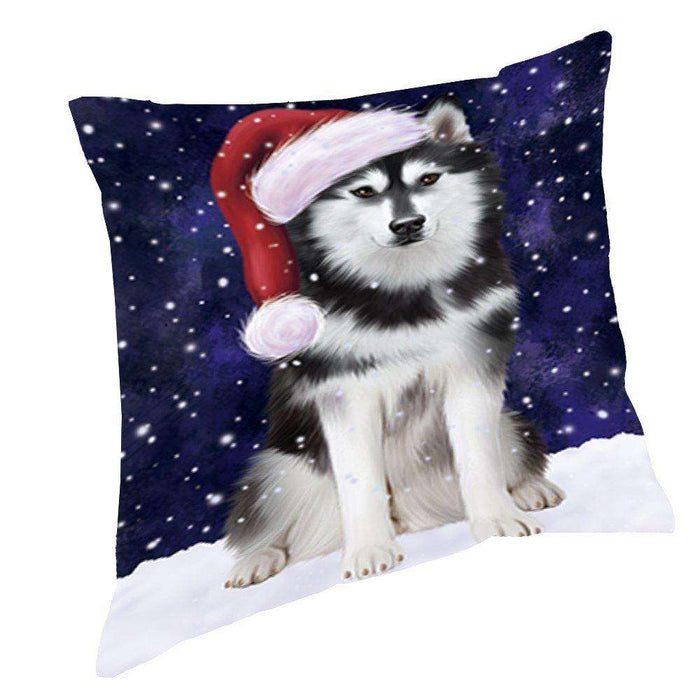 Let it Snow Christmas Holiday Siberian Husky Dog Wearing Santa Hat Throw Pillow D401