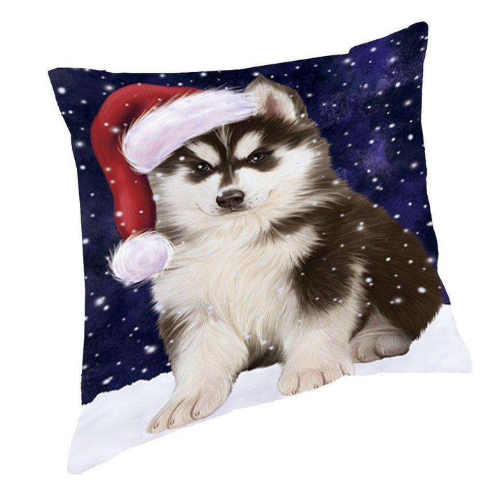 Let it Snow Christmas Holiday Siberian Husky Dog Wearing Santa Hat Throw Pillow