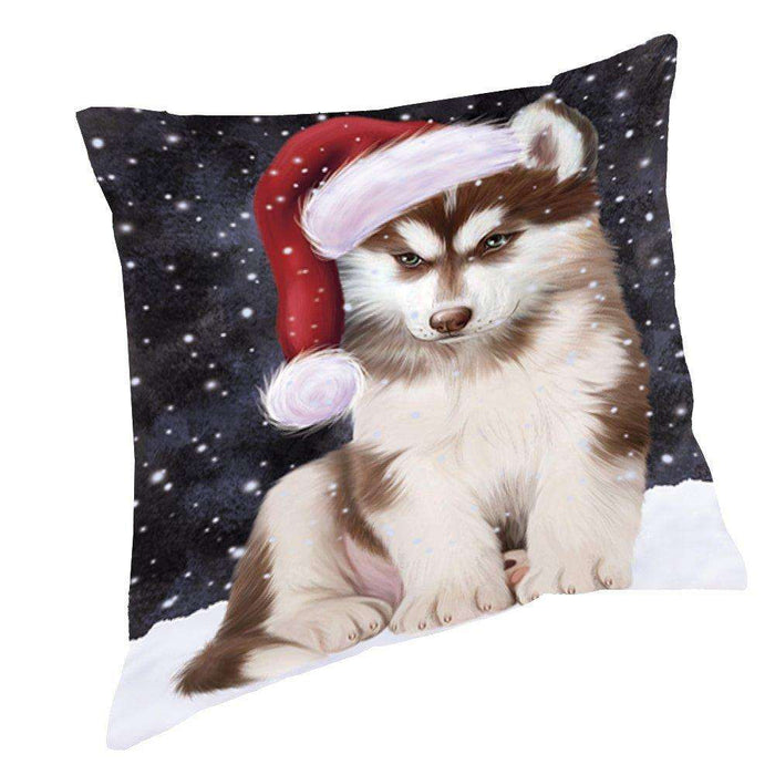 Let it Snow Christmas Holiday Siberian Husky Dog Wearing Santa Hat Throw Pillow