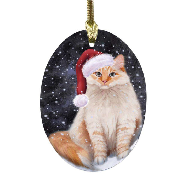 Let it Snow Christmas Holiday Siberian Red Cat Oval Glass Christmas Ornament OGOR48735