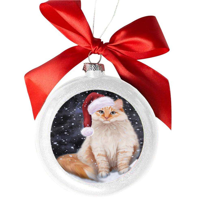 Let it Snow Christmas Holiday Siberian White Cat White Round Ball Christmas Ornament WBSOR48735