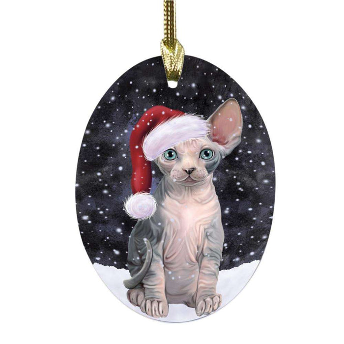 Let it Snow Christmas Holiday Sphynx Cat Oval Glass Christmas Ornament OGOR48967