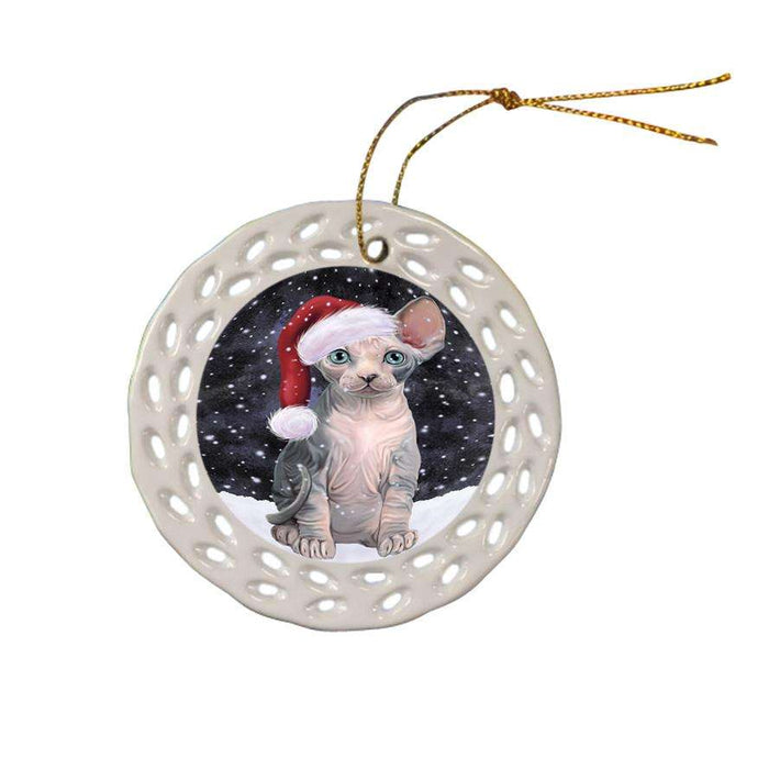 Let it Snow Christmas Holiday Sphynx Cat Wearing Santa Hat Ceramic Doily Ornament DPOR54326