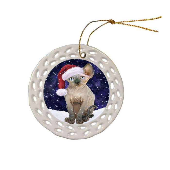 Let it Snow Christmas Holiday Sphynx Cat Wearing Santa Hat Ceramic Doily Ornament DPOR54327