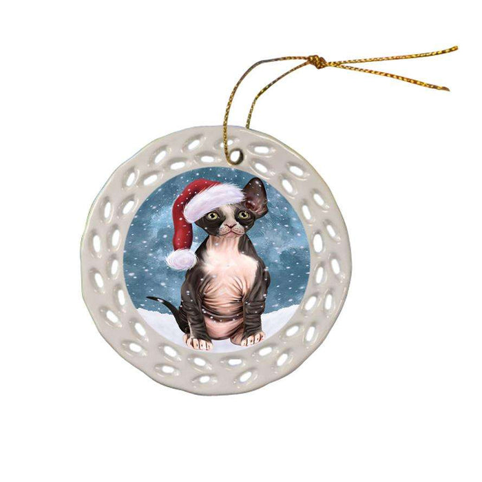 Let it Snow Christmas Holiday Sphynx Cat Wearing Santa Hat Ceramic Doily Ornament DPOR54328