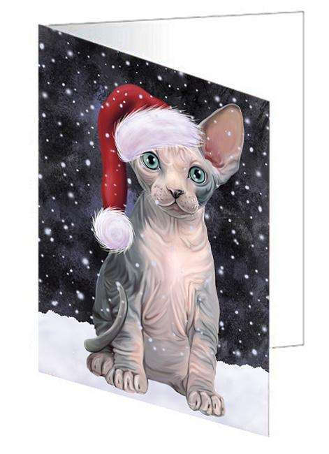Let it Snow Christmas Holiday Sphynx Cat Wearing Santa Hat Handmade Artwork Assorted Pets Greeting Cards and Note Cards with Envelopes for All Occasions and Holiday Seasons GCD67007