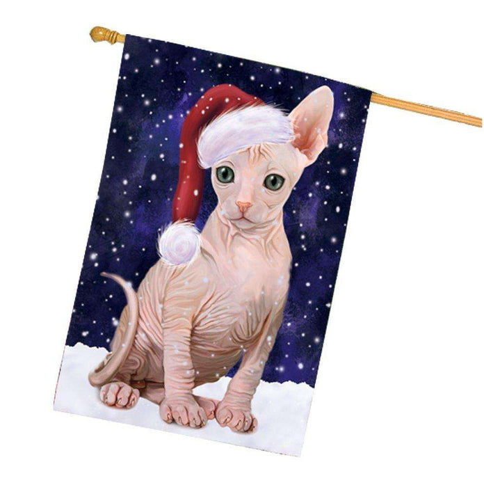 Let it Snow Christmas Holiday Sphynx Cat Wearing Santa Hat House Flag