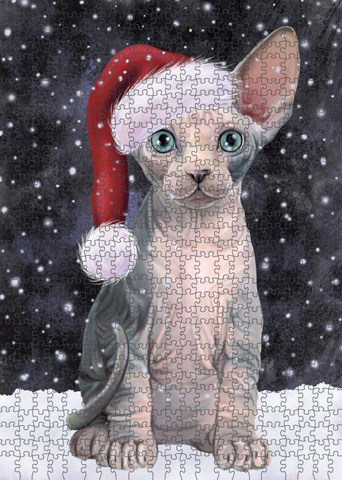 Let it Snow Christmas Holiday Sphynx Cat Wearing Santa Hat Puzzle with Photo Tin PUZL84460