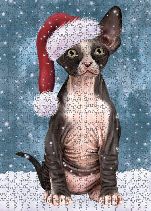 Let it Snow Christmas Holiday Sphynx Cat Wearing Santa Hat Puzzle with Photo Tin PUZL84468