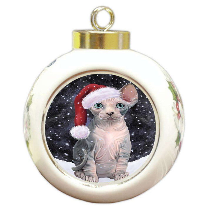 Let it Snow Christmas Holiday Sphynx Cat Wearing Santa Hat Round Ball Christmas Ornament RBPOR54326