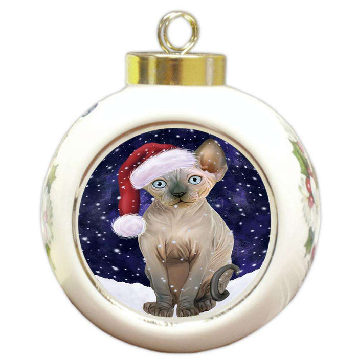 Let it Snow Christmas Holiday Sphynx Cat Wearing Santa Hat Round Ball Christmas Ornament RBPOR54327