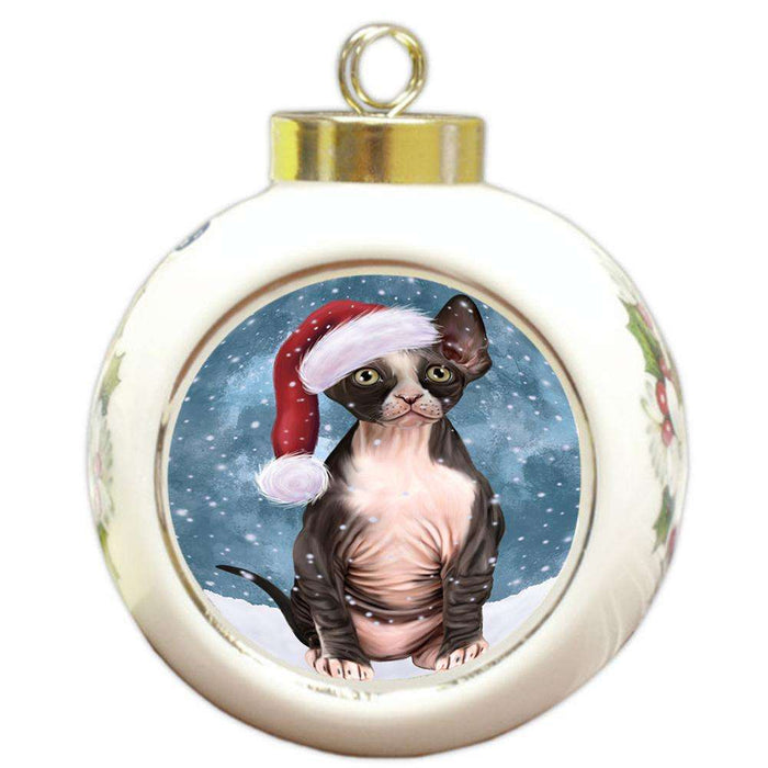 Let it Snow Christmas Holiday Sphynx Cat Wearing Santa Hat Round Ball Christmas Ornament RBPOR54328