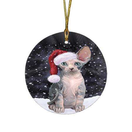 Let it Snow Christmas Holiday Sphynx Cat Wearing Santa Hat Round Flat Christmas Ornament RFPOR54317