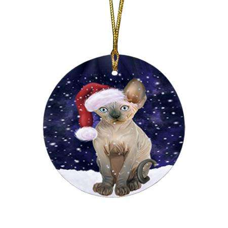 Let it Snow Christmas Holiday Sphynx Cat Wearing Santa Hat Round Flat Christmas Ornament RFPOR54318