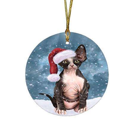 Let it Snow Christmas Holiday Sphynx Cat Wearing Santa Hat Round Flat Christmas Ornament RFPOR54319