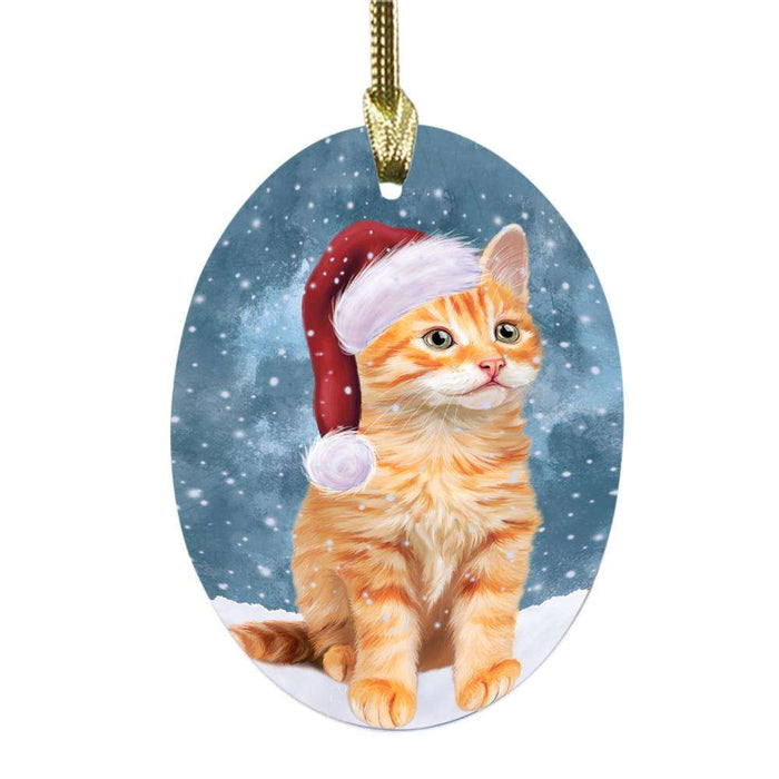 Let it Snow Christmas Holiday Tabby Cat Oval Glass Christmas Ornament OGOR48742