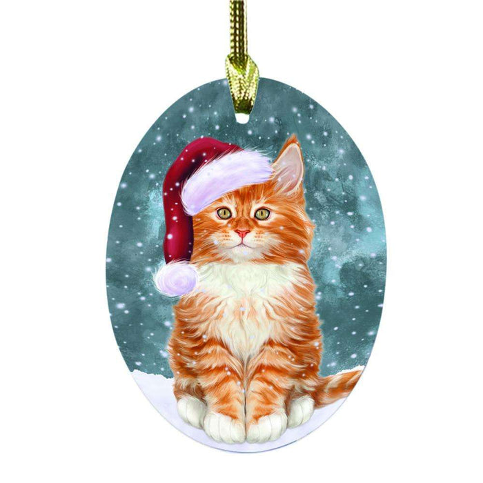 Let it Snow Christmas Holiday Tabby Cat Oval Glass Christmas Ornament OGOR48744
