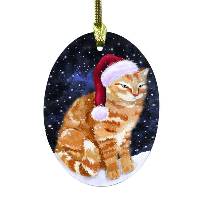 Let it Snow Christmas Holiday Tabby Cat Oval Glass Christmas Ornament OGOR48746