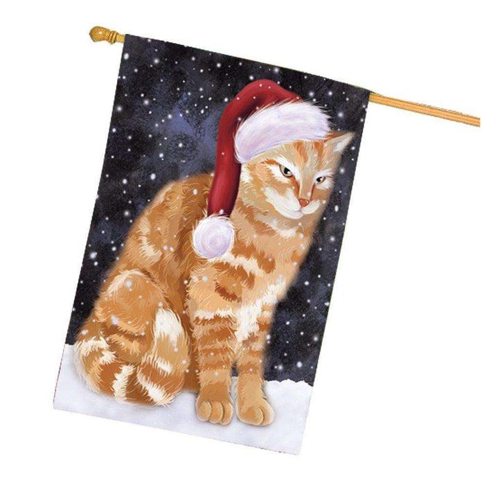 Let it Snow Christmas Holiday Tabby Cat Wearing Santa Hat House Flag
