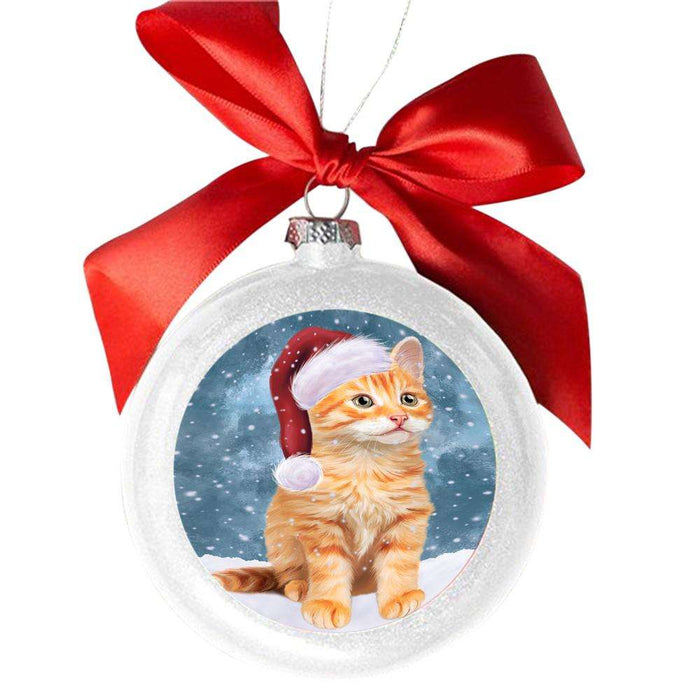 Let it Snow Christmas Holiday Tabby Cat White Round Ball Christmas Ornament WBSOR48742