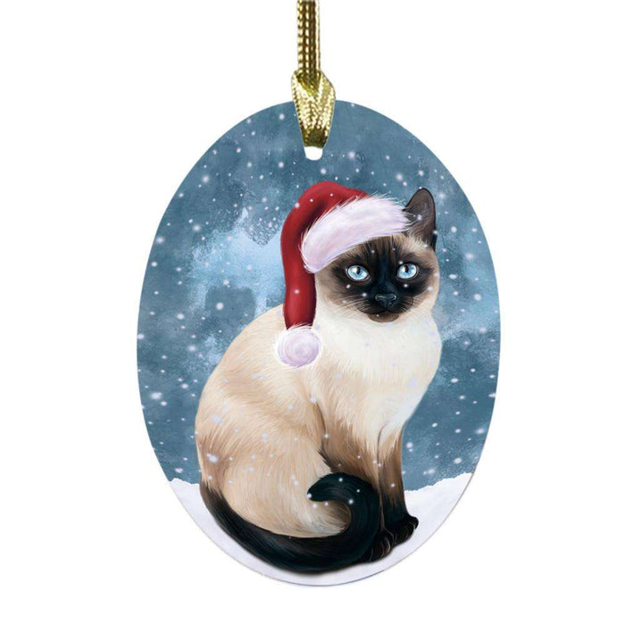 Let it Snow Christmas Holiday Thai Siamese Cat Oval Glass Christmas Ornament OGOR48749