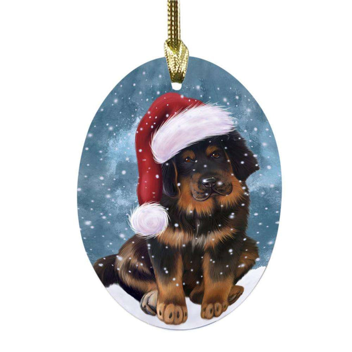 Let it Snow Christmas Holiday Tibetan Mastiff Dog Oval Glass Christmas Ornament OGOR48750