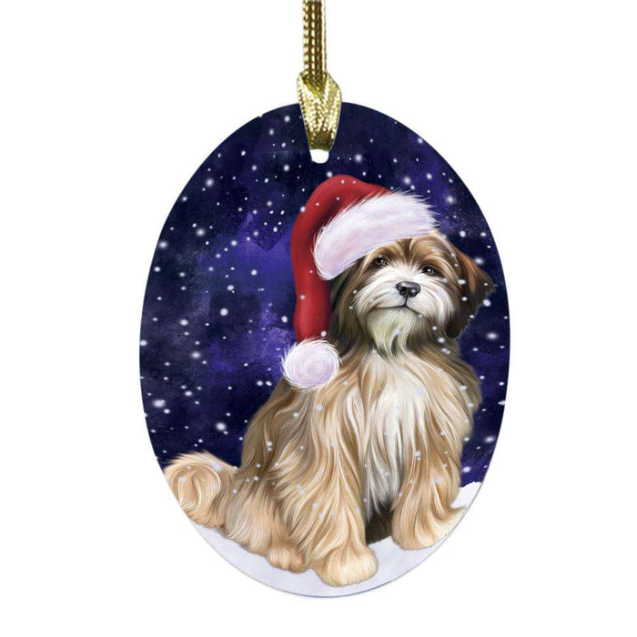 Let it Snow Christmas Holiday Tibetan Terrier Dog Oval Glass Christmas Ornament OGOR48751